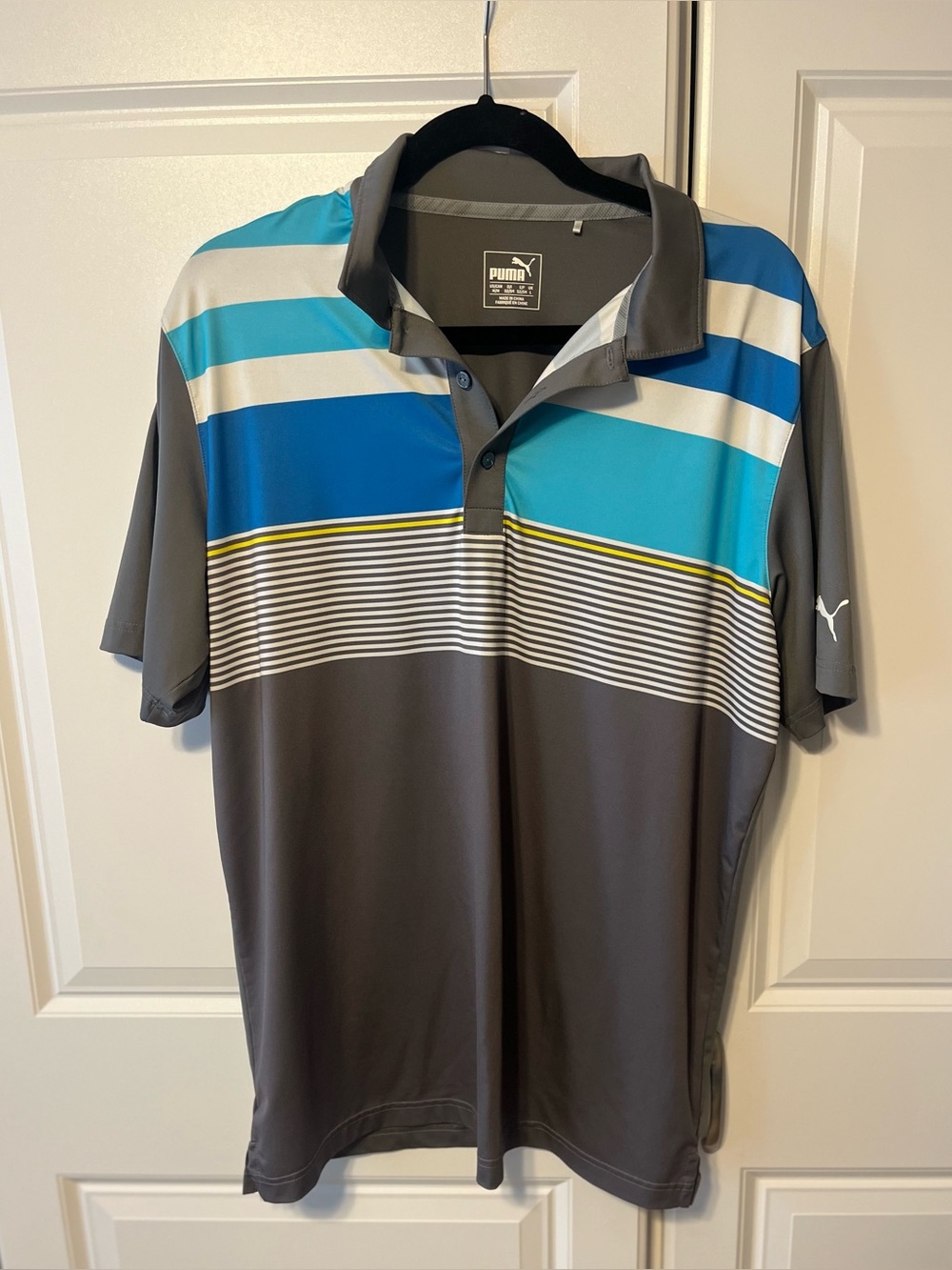 Puma Men's Gray Polo with Blue and Turquoise Stripe Accents-M